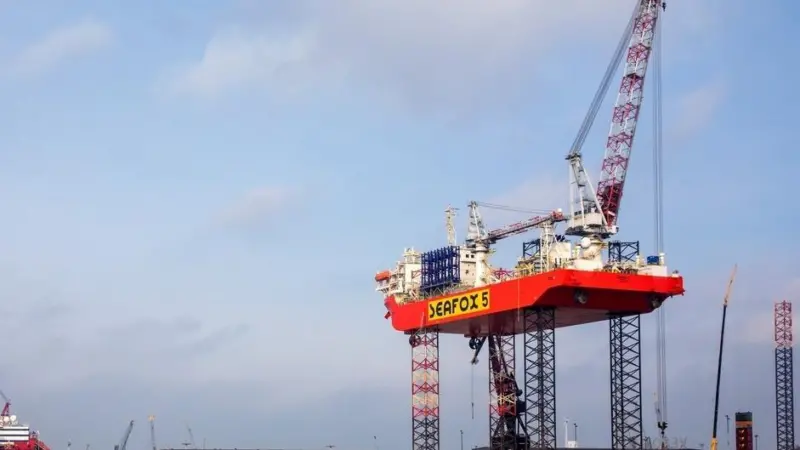 The jack-up vessel 'Seafox 5' departing Damen Verolme Rotterdam following its conversion
