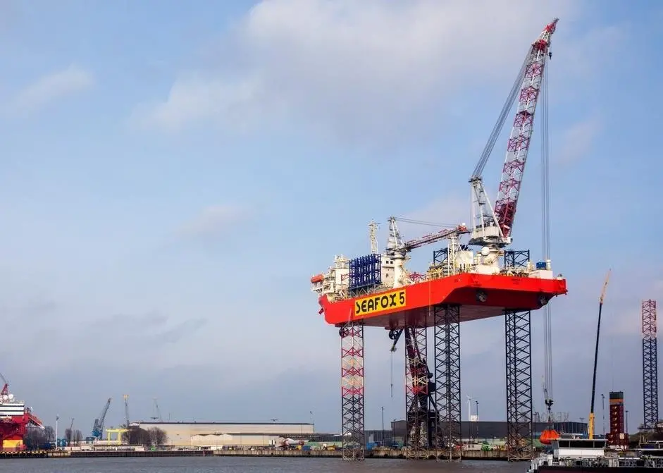 The jack-up vessel 'Seafox 5' departing Damen Verolme Rotterdam following its conversion