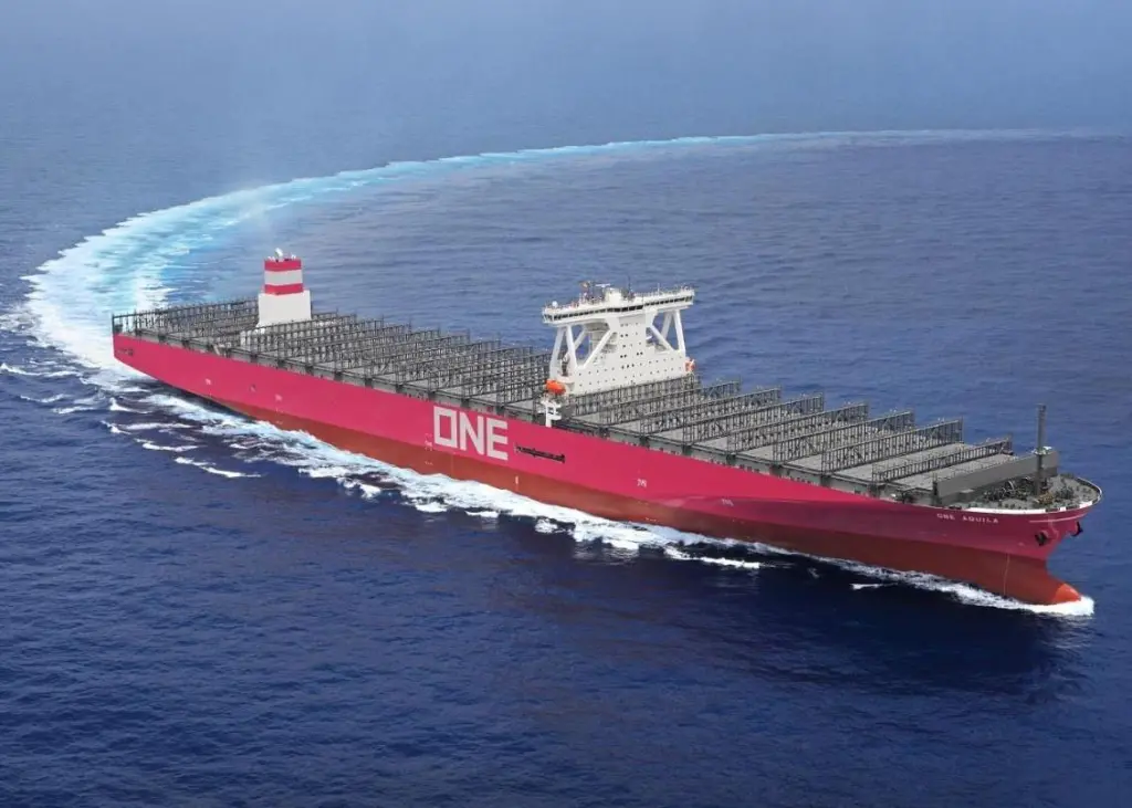 ONE's latest newbuild, the 14,000 teu 'Aquila' will likely be among the ships burning very low sulphur fuel oil from 2020 (credit: Ocean Network Express)