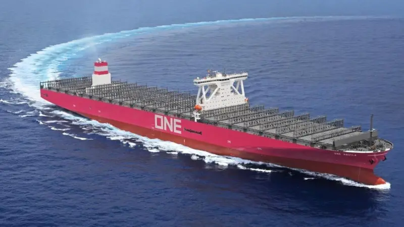 ONE's latest newbuild, the 14,000 teu 'Aquila' will likely be among the ships burning very low sulphur fuel oil from 2020 (credit: Ocean Network Express)