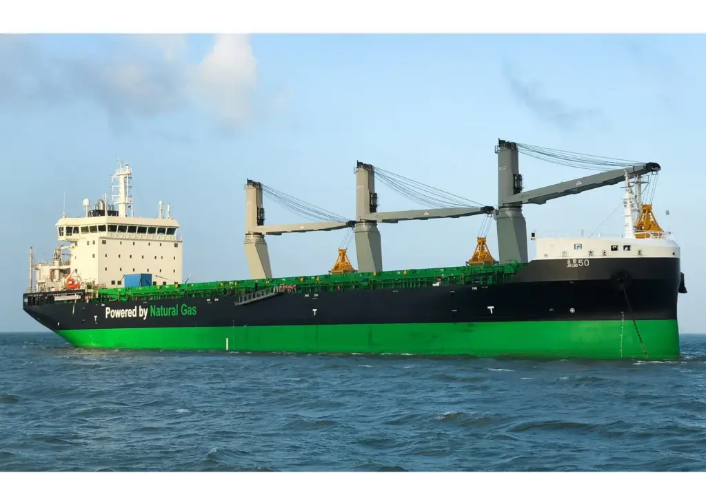 Pictured on trials off the China coast, Haaga is the first of two LNG-fuelled, handysize bulkers for Baltic trade (credit: Jussi Vaahtikari/ESL Shipping)