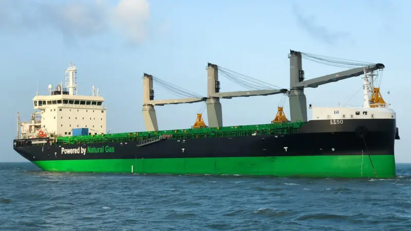 Pictured on trials off the China coast, Haaga is the first of two LNG-fuelled, handysize bulkers for Baltic trade (credit: Jussi Vaahtikari/ESL Shipping)