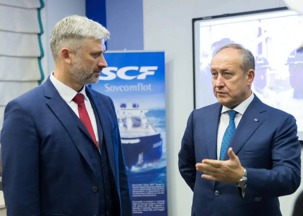 Russian minister of transport Evgeny Ditrich (left) with Sergey Frank, president and CEO, Sovcomflot at the opening (credit: SCF Group)