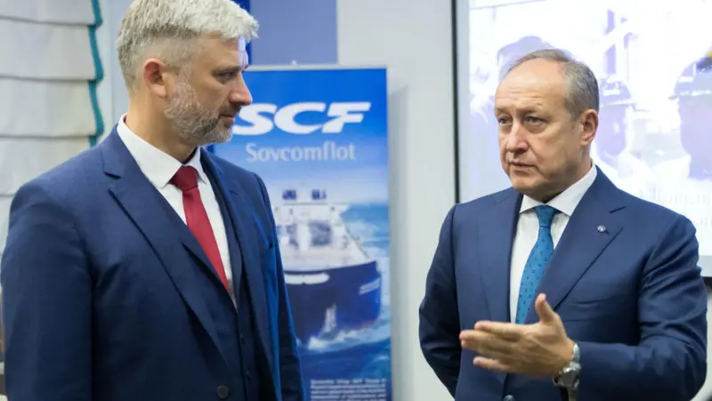 Russian minister of transport Evgeny Ditrich (left) with Sergey Frank, president and CEO, Sovcomflot at the opening (credit: SCF Group)
