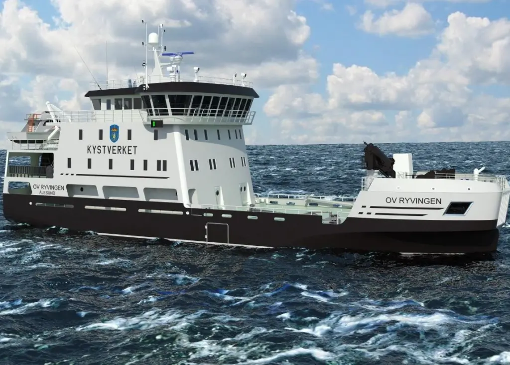 An illustration of the advanced coastal multipurpose vessel 'OV Ryvingen', a showcase for multiple energy-saving technologies (credit: Rolls-Royce Marine)