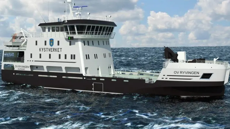 An illustration of the advanced coastal multipurpose vessel 'OV Ryvingen', a showcase for multiple energy-saving technologies (credit: Rolls-Royce Marine)