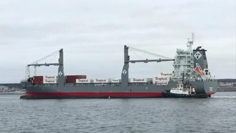 The 1,145TEU Tropic Hope, one of six newbuilds joining the fleet of US company Tropical Shipping, arriving at Halifax