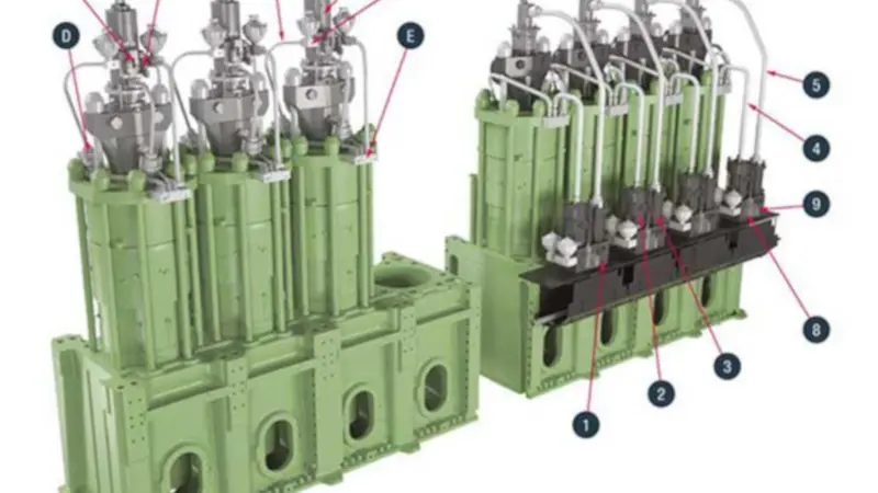 MAN’s new G80ME-C10.5 employs the full, simplified Mark 10 design platform (left) as embodied in the G90 engine (image: MAN Energy Solutions).
