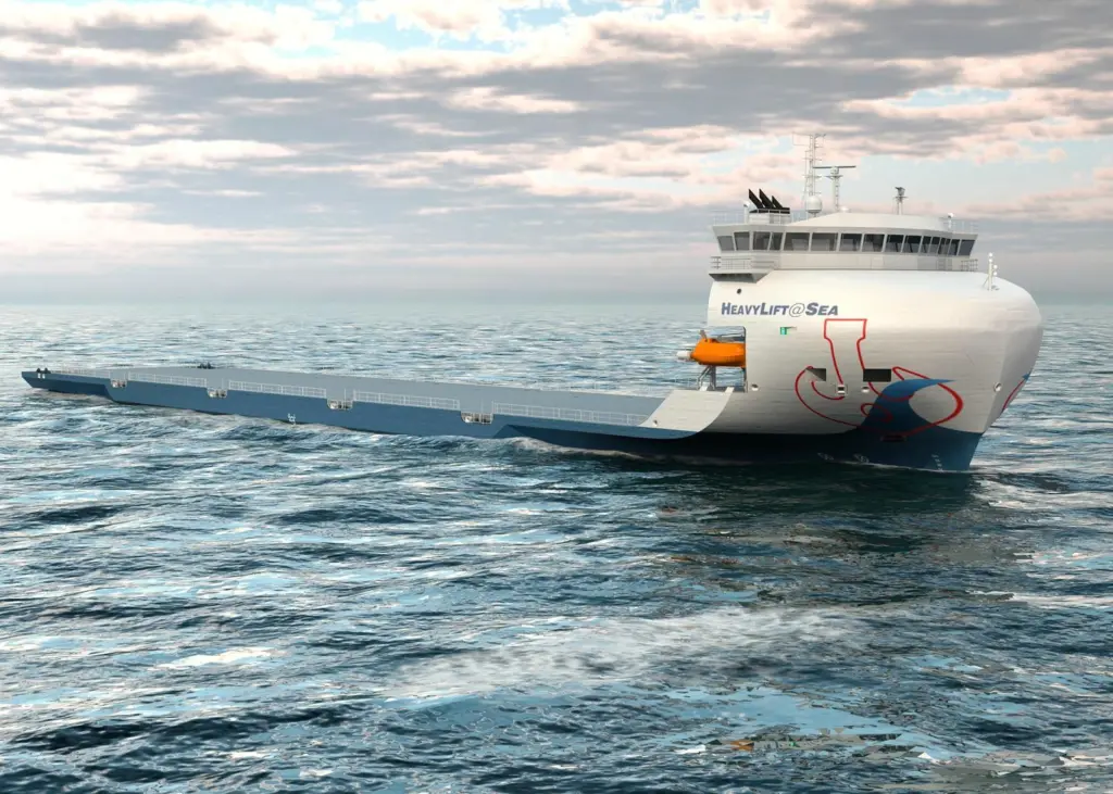 Clean lines of the deckcarrier newbuild to be deployed by United Wind Logistics. (Image courtesy of HeavyLift@Sea).