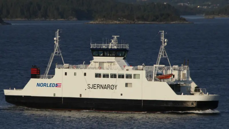 The current ferry operating the Finnøy connection outside Stavanger, Norway. Norled intends to replace the ferry with a hydrogen fuel cell powered vessel.