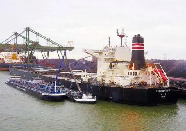 The 179,288-dwt bulker Frontier Sky completed a trial bunkering operation of biofuel at the port of Rotterdam in January 2019. (Credit: GoodFuels Marine)