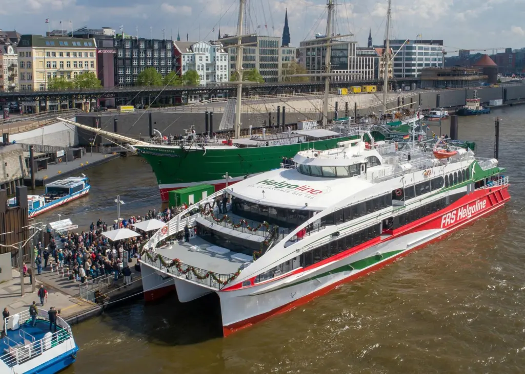 The catamaran is powered by 4 x 16-cylinder Series 4000 MTU engines delivering a total output of around 9,000 kW.