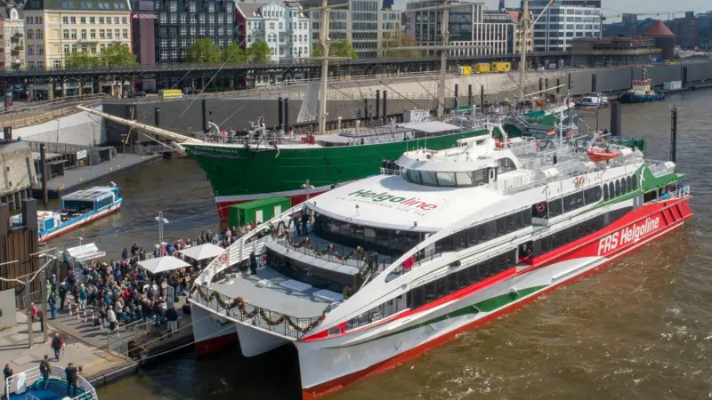 The catamaran is powered by 4 x 16-cylinder Series 4000 MTU engines delivering a total output of around 9,000 kW.