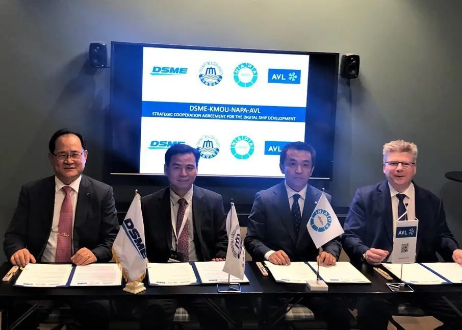 Odin Kwon, Daewoo Shipbuilding & Marine Engineering, Deog Hee Doh, Korea Maritime and Ocean University, Naoki Mizutani, NAPA and Marko Dekena, AVL LIST signing the co-operation agreement at Nor-Shipping 2019 exhibition in Oslo