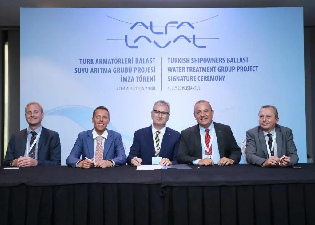 Viktor Friberg, Head of Global Sales, Alfa Laval PureBallast; Peter Sahlén, Head of Alfa Laval PureBallast; Murat Er, Leader of Turkish Shipowners BWT Group; Tayfun Aydemir, Managing Director, Alfa Laval Turkey; Sabri Yazgan, Marine Division Man...