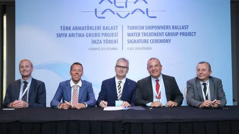 Viktor Friberg, Head of Global Sales, Alfa Laval PureBallast; Peter Sahlén, Head of Alfa Laval PureBallast; Murat Er, Leader of Turkish Shipowners BWT Group; Tayfun Aydemir, Managing Director, Alfa Laval Turkey; Sabri Yazgan, Marine Division Man...
