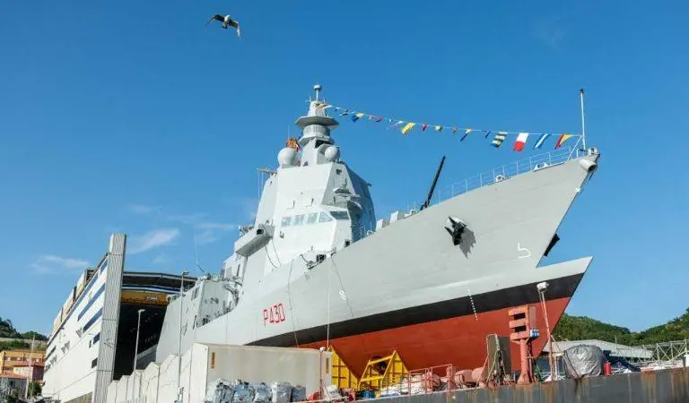 Paolo Thaon di Revel, the first of a new class of Italian Navy multipurpose offshore patrol ships was launched on 15 June. The vessel features a hybrid CODAG propulsion package. (Credit: Fincantieri)