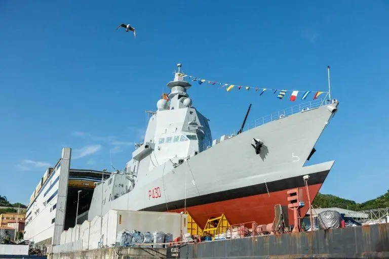 Paolo Thaon di Revel, the first of a new class of Italian Navy multipurpose offshore patrol ships was launched on 15 June. The vessel features a hybrid CODAG propulsion package. (Credit: Fincantieri)