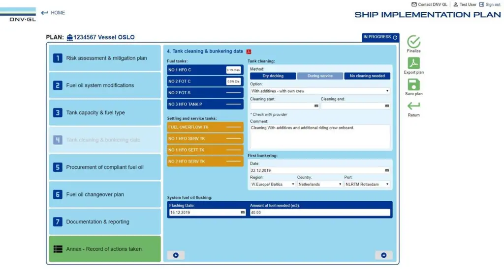 Sample vessel in DNV GL’s web-based Ship Implementation Plan application.