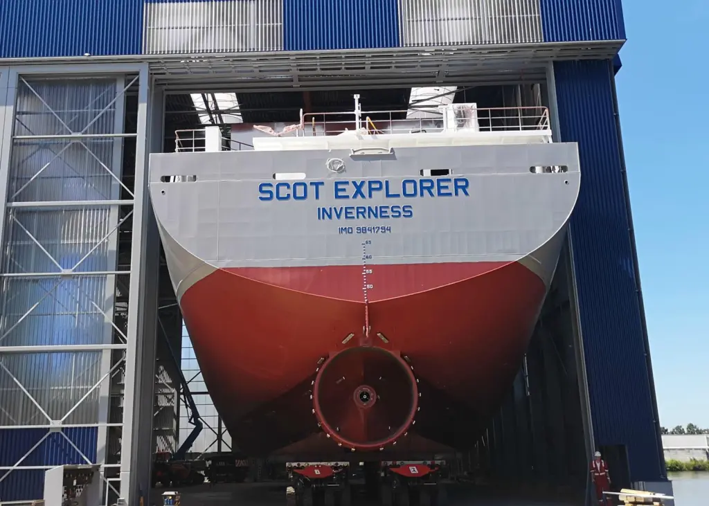 Aft section of Scot Explorer built in new production facilities at Royal Bodewes (photo courtesy of Scotline).