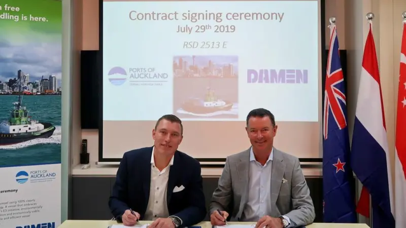 The Ports of Auckland and Damen have signed a contract for an electric tug Photo: Damen