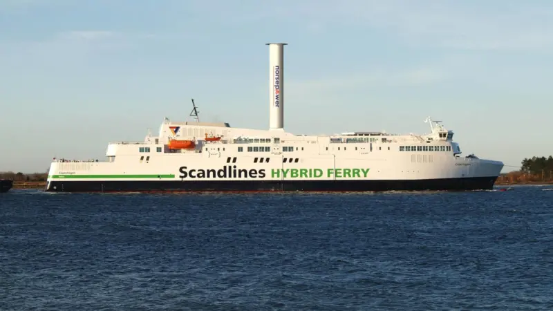 An illustration of M/V Copenhagen with a Norsepower Rotor Sail Photo: Norsepower