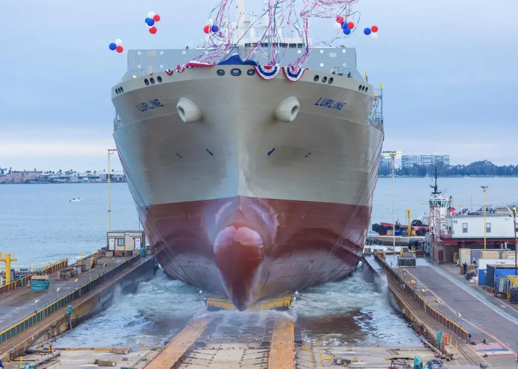 The Lurline, the first of Matson’s Kanaloa-class con-ros, at her June launch in San Diego. (Credit: Matson Navigation).