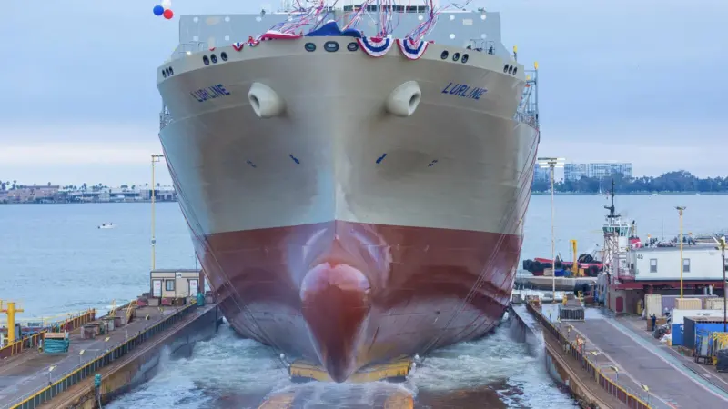 The Lurline, the first of Matson’s Kanaloa-class con-ros, at her June launch in San Diego. (Credit: Matson Navigation).