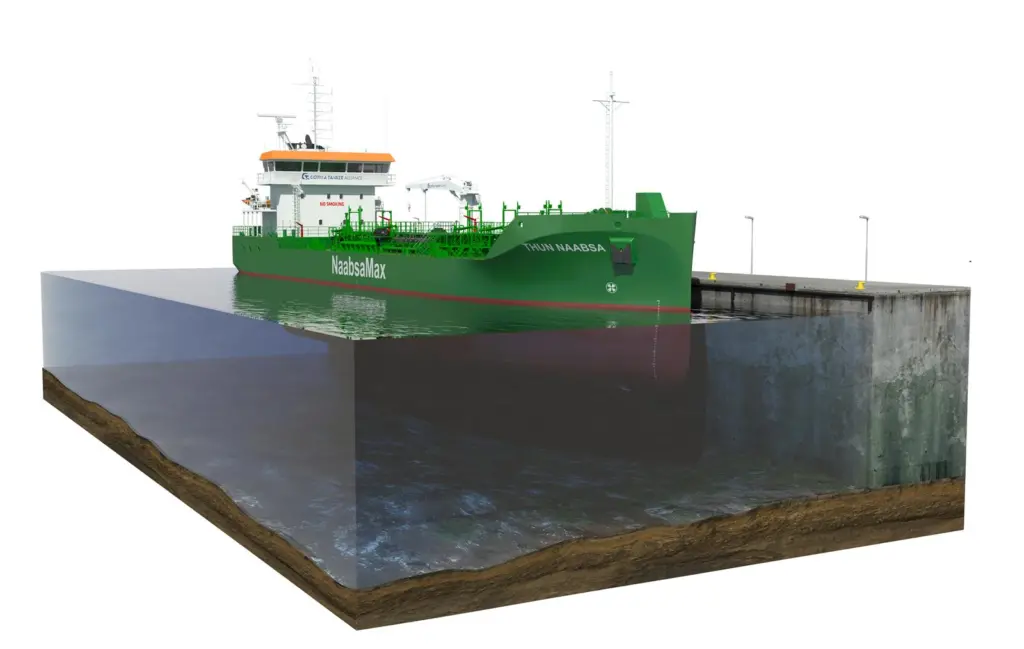 The latest tanker ordered by the Thun Group will be able to take the bottom during cargo handling.(credit: Erik Thun AB).(Image shows flood conditions)