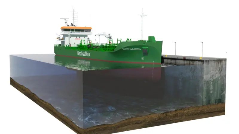 The latest tanker ordered by the Thun Group will be able to take the bottom during cargo handling.(credit: Erik Thun AB).(Image shows flood conditions)