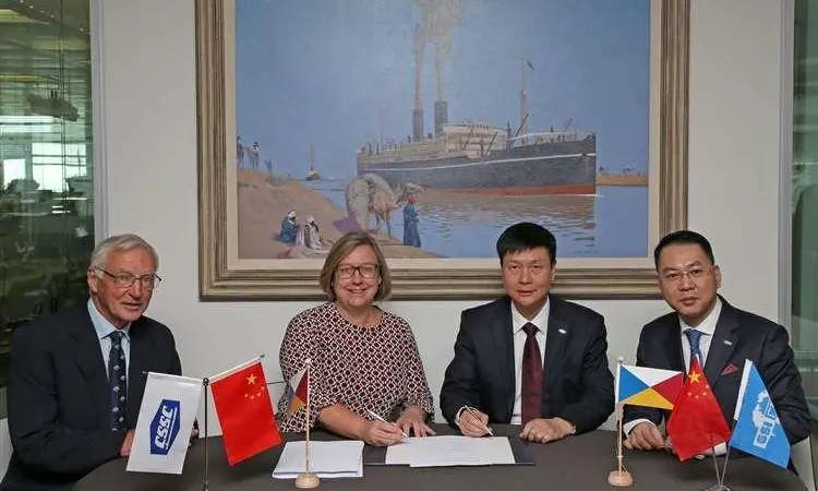 P&O Ferries’ CEO Janette Bell signing the ro-pax contract with Guangzhou Shipyard International. (Credit: P&O Ferries).