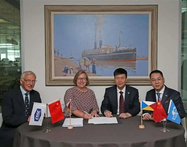 P&O Ferries’ CEO Janette Bell signing the ro-pax contract with Guangzhou Shipyard International. (Credit: P&O Ferries).
