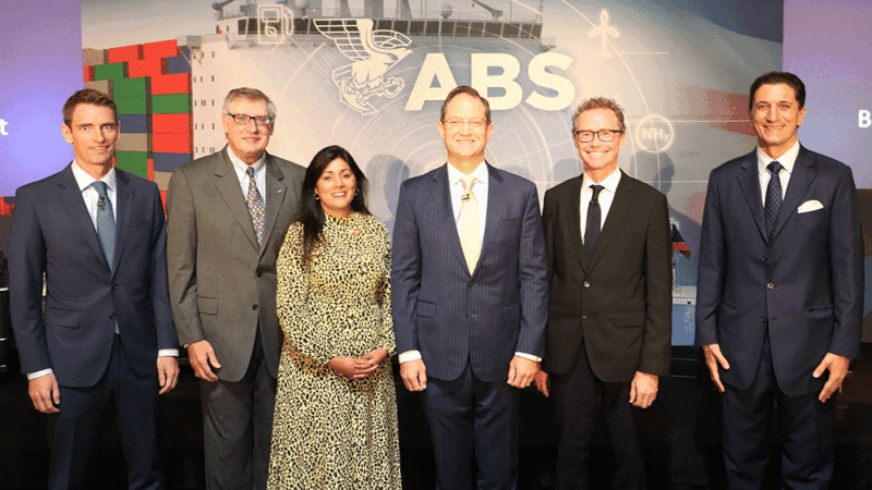 UK Maritime Minister Nusrat Ghani with Rasmus Bach Nielsen, Christopher J. Wiernicki, Andrian Dacy, Julian Bray and John Radziwill.