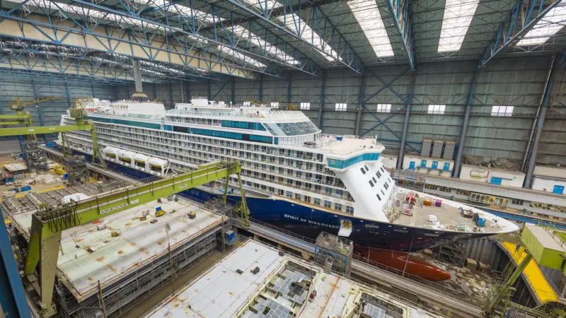 Saga Cruises’ Spirit of Discovery taking shape in Meyer Werft’s Papenburg building hall (photo credit: Meyer Werft).