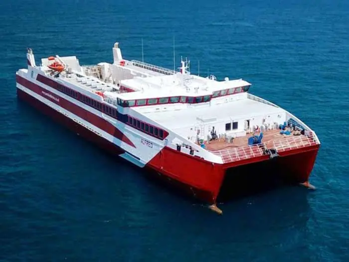 Built in Vietnam to a British design, the catamaran ferry Alfred has arrived in Orkney. (Courtesy of Pentland Ferries).