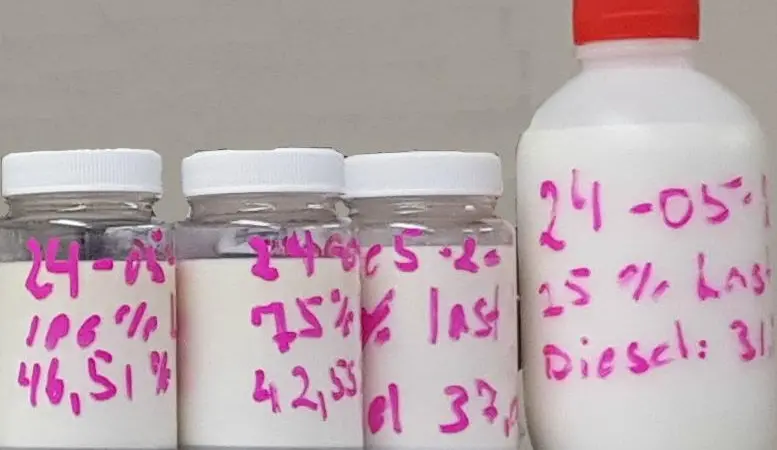 Using emulsified fuel (such as the samples pictured) brought NOx emissions below Tier III limits, and also lowered soot and carbon monoxide emissions (courtesy of MAN ES)