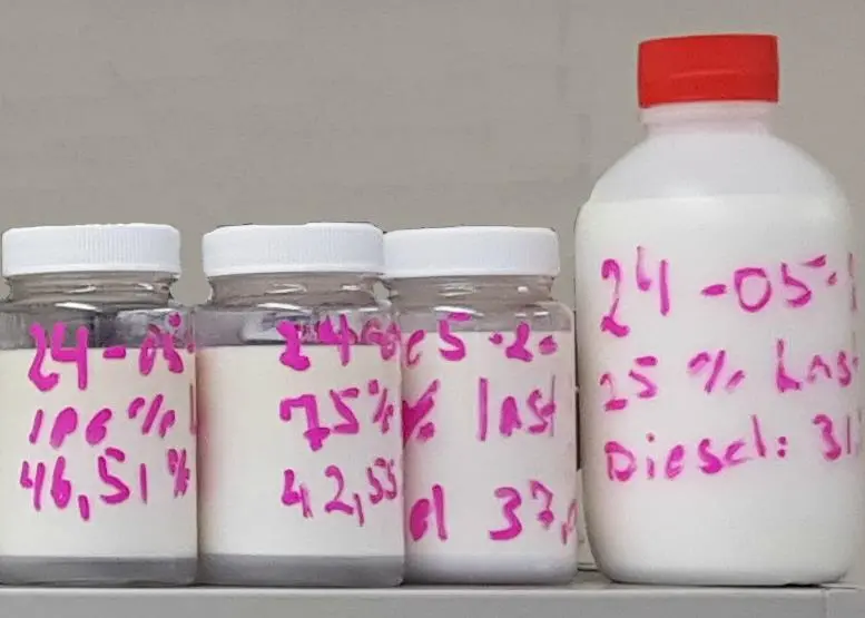 Using emulsified fuel (such as the samples pictured) brought NOx emissions below Tier III limits, and also lowered soot and carbon monoxide emissions (courtesy of MAN ES)
