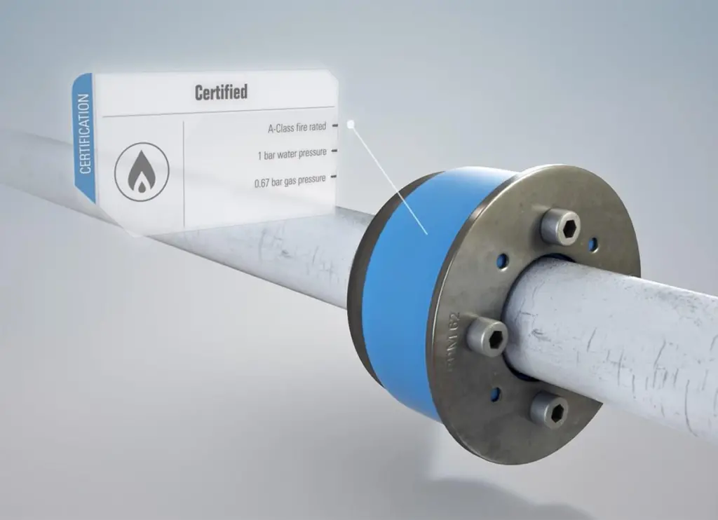 The Roxtec SPM seal holds the pipe in place by use of a metal and rubber sandwich.