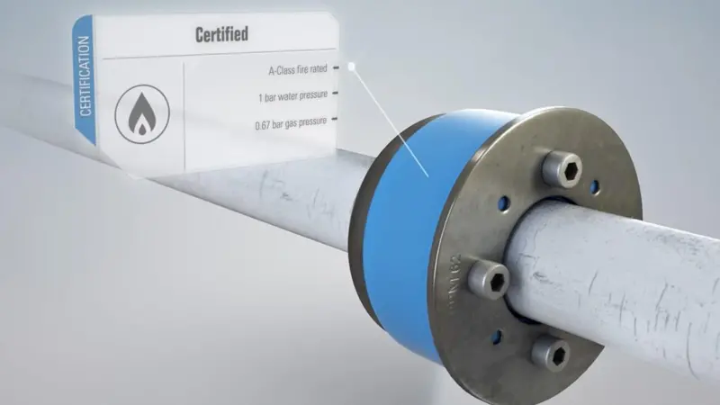 The Roxtec SPM seal holds the pipe in place by use of a metal and rubber sandwich.
