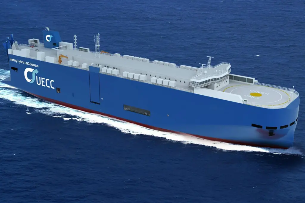 UECC’s New Generation PCTC with battery hybrid LNG solution onboard. (Copyright: UECC.)