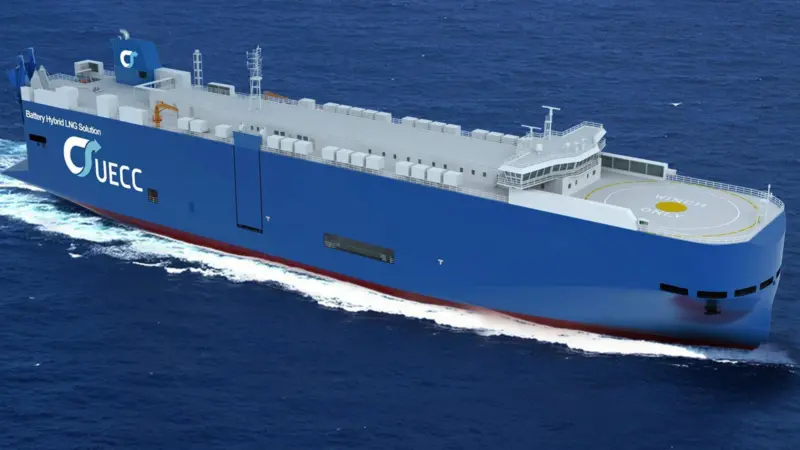 UECC’s New Generation PCTC with battery hybrid LNG solution onboard. (Copyright: UECC.)