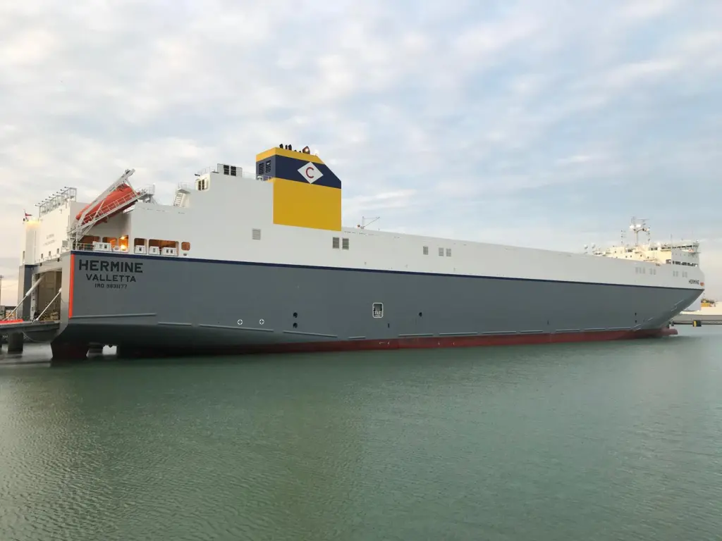 Functional in form and suited to CLdN’s extensive ro-ro network and differing cargo combinations, the South Korean-built Hermine (courtesy of AW Ship Management).