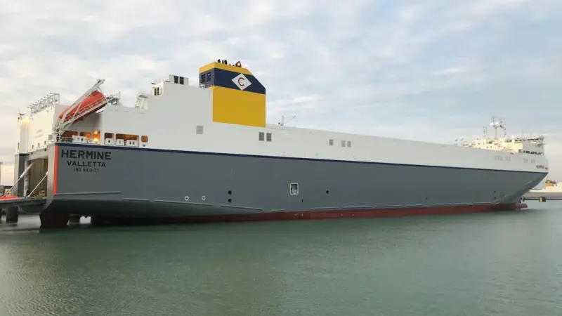 Functional in form and suited to CLdN’s extensive ro-ro network and differing cargo combinations, the South Korean-built Hermine (courtesy of AW Ship Management).