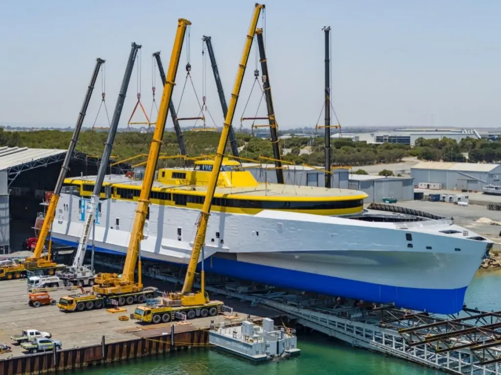 Bajamar Express pictured pre-launch during the fitting of the superstructure (credit: Austal).