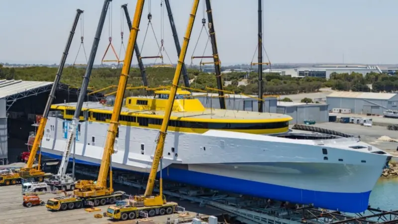 Bajamar Express pictured pre-launch during the fitting of the superstructure (credit: Austal).