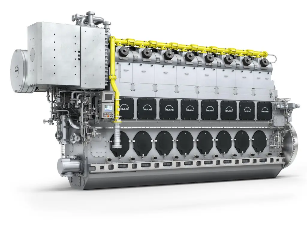 The MAN 51/60DF engine is a dual-fuel engine that converts liquid fuel (diesel operation) or natural gas into electrical power efficiently and with low emissions.
