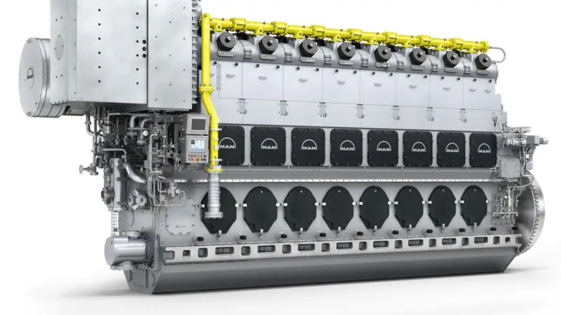 The MAN 51/60DF engine is a dual-fuel engine that converts liquid fuel (diesel operation) or natural gas into electrical power efficiently and with low emissions.