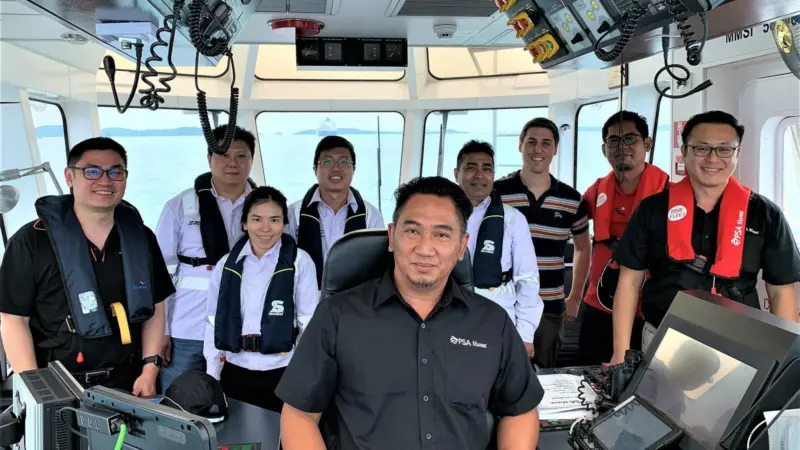 Participants from Wärtsilä, PSA Marine and MPA on board the IntelliTug during autonomous trials Photo: Wärtsilä