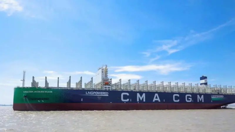 The 23,000-TEU CMA CGM Jacques Saade is expected to begin sea trials shortly. (Picture courtesy of Hudong-Zhonghua Shipbuilding)