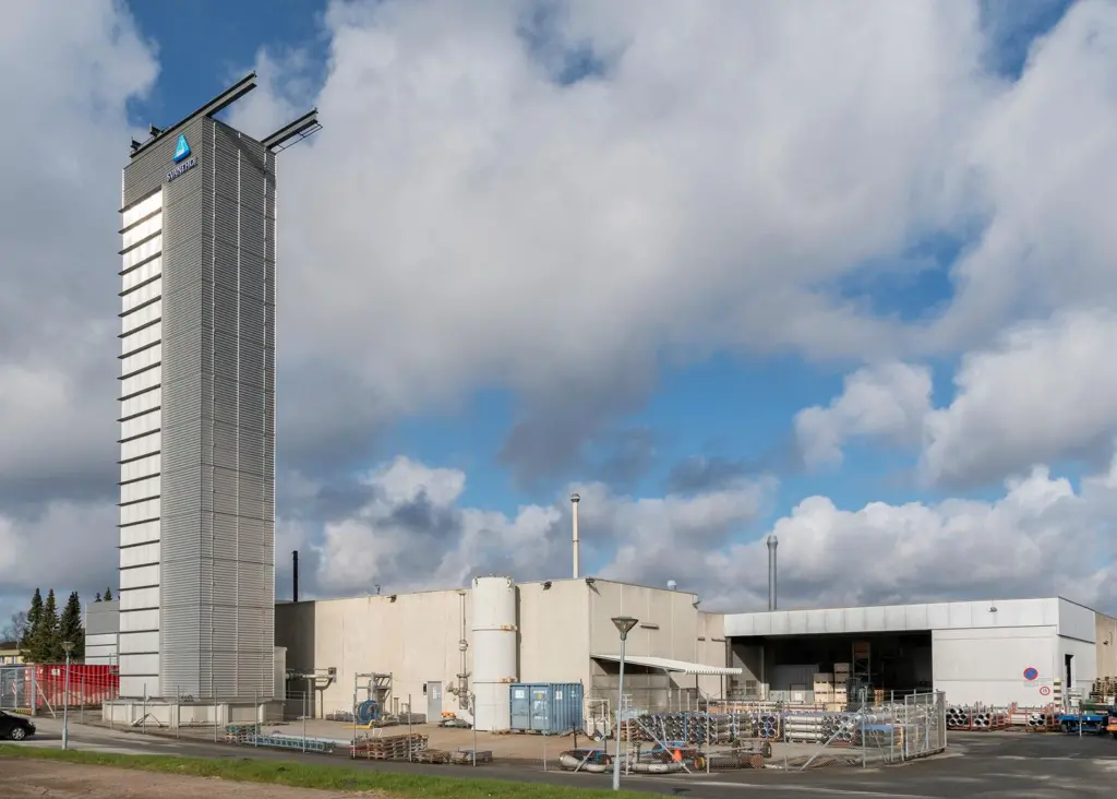 The 35-metre high test tower at Svanehøj's pump factory in Aalborg, Denmark.